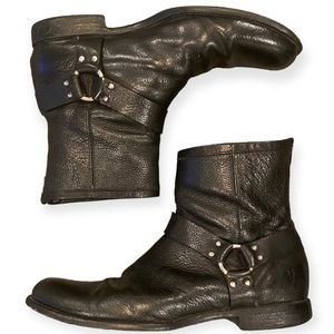 Frye 12D Phillip Black Leather Harness Biker Moto Ankle Boots 87873 Mens